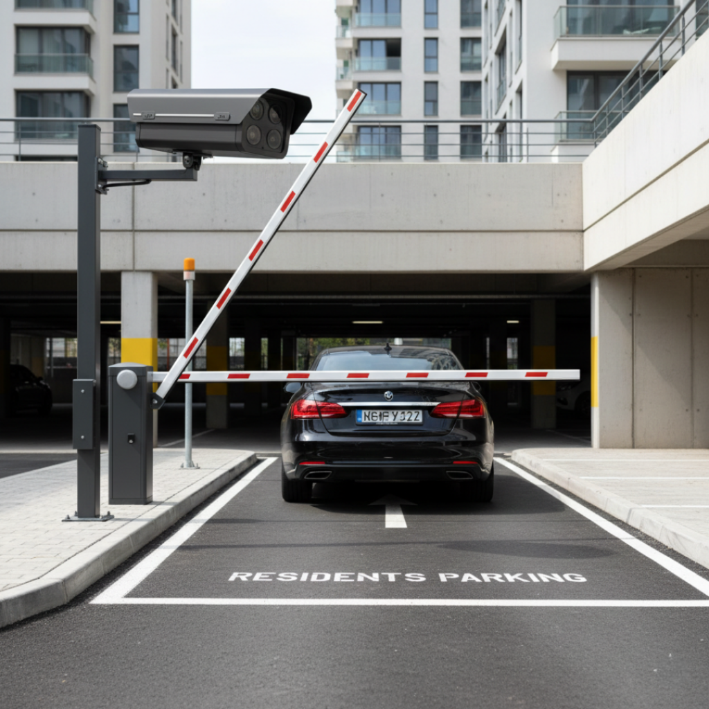 Automatic number plate recognition ANPR camera at residential complex parking entrance