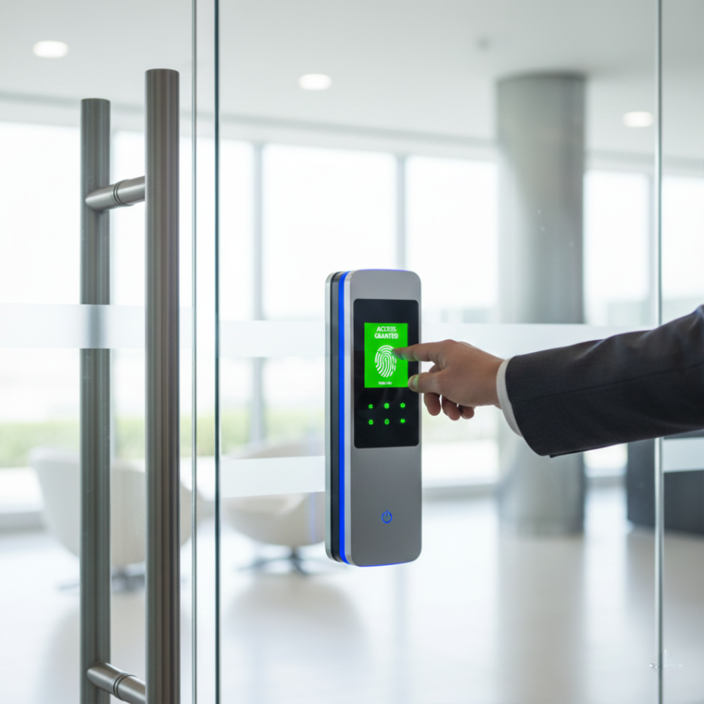 Professional using advanced biometric access control system in UAE corporate office
